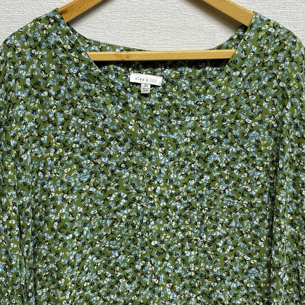 Alex & lili Pullover 3/4 Sleeve Floral Green Blouse Women's 3X‎